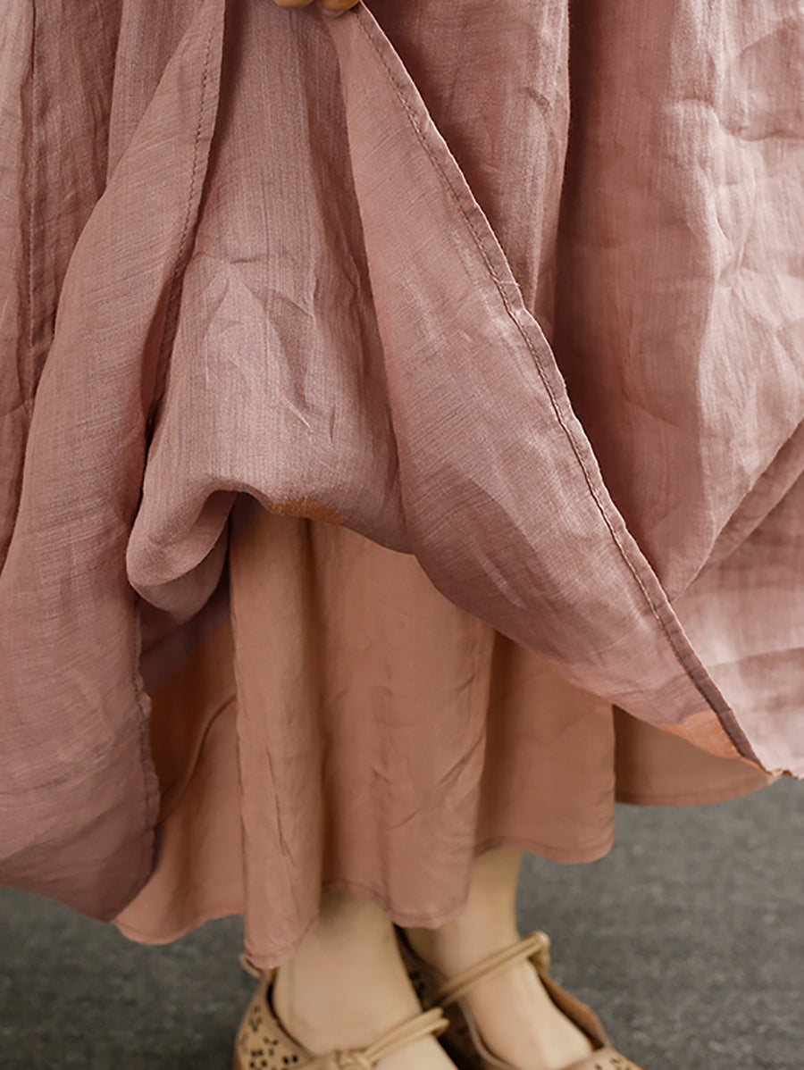 Women Summer Artsy Pure Color V-Neck Ramie Dress HH018 XJYF