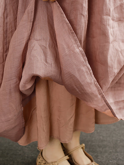 Women Summer Artsy Pure Color V-Neck Ramie Dress HH018 XJYF