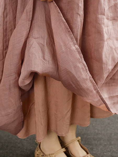 Women Summer Artsy Pure Color V-Neck Ramie Dress HH018 XJYF