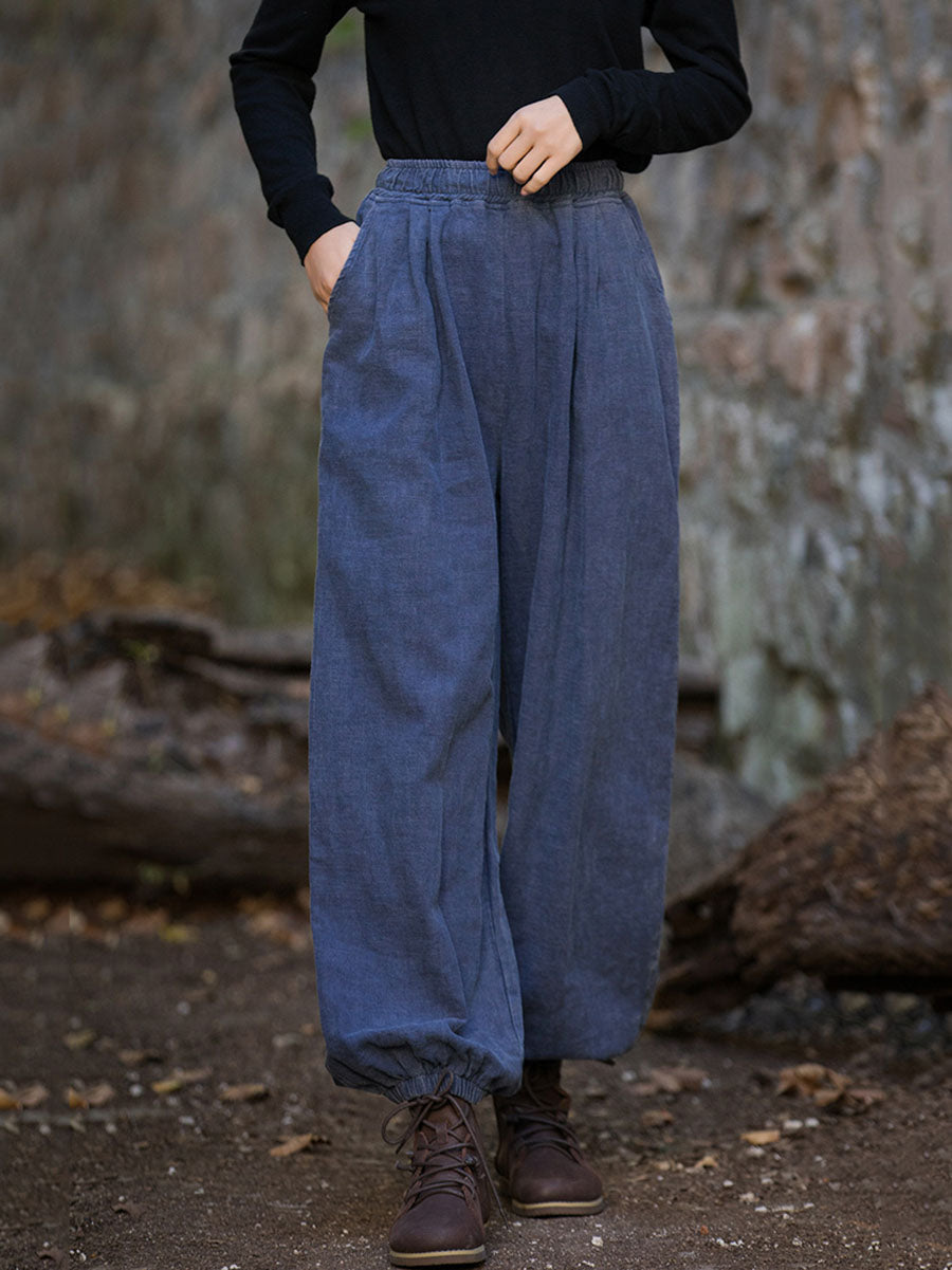 Women Vintage Autumn Solid Loose Ramie Cuffed Pants AT1013 BXF