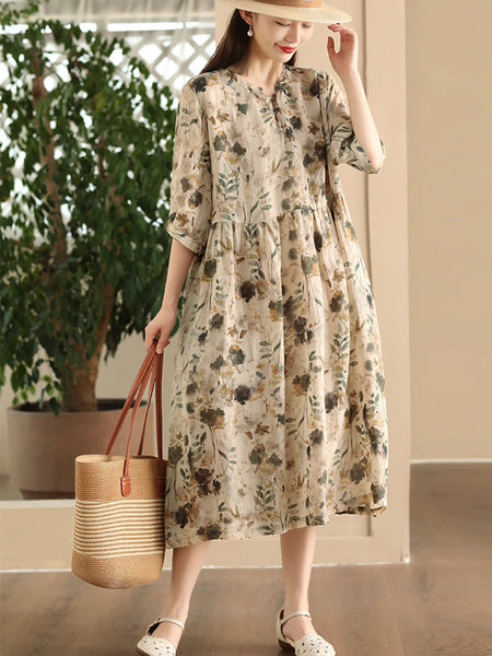 Women Summer Artsy Floral V-Neck Loose Ramie Dress LL020 ZMMM