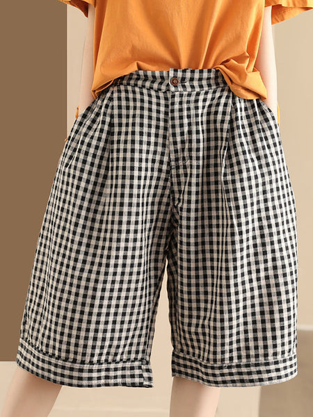 Women Summer Casual Plaid Linen Wide-leg Pants PP1028 BUYKUD