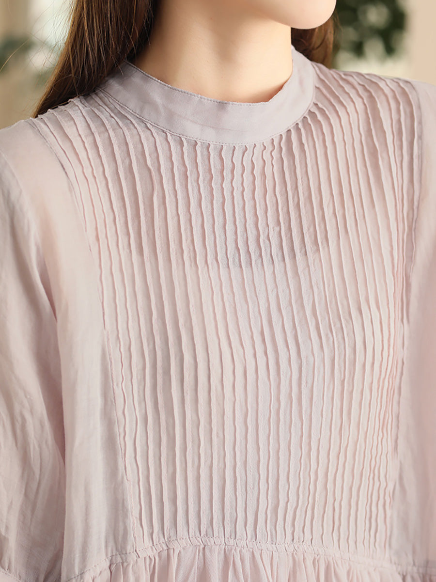 Women Summer Artsy Shirred Solid Ramie Dress CX003 BUYKUD