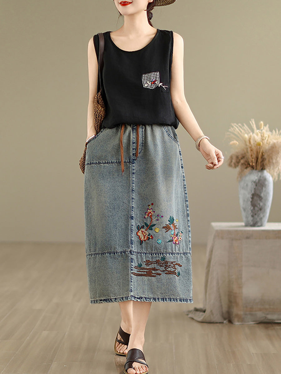Denim Women Artsy Spring Flower Embroidery Skirt FashionChic