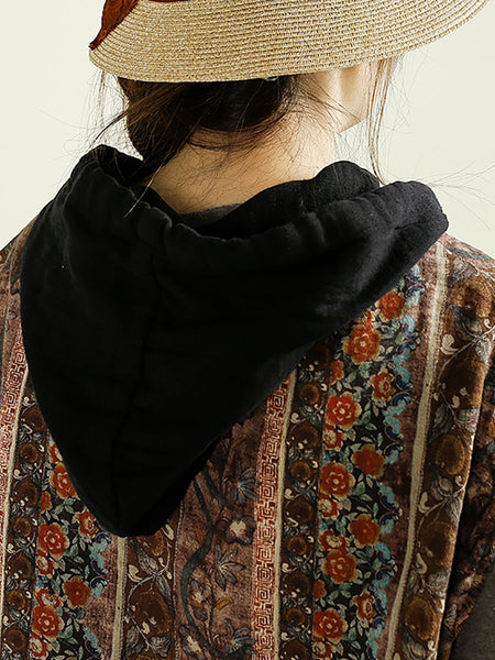 Women Autumn Vintage Flower Spliced Hooded Cotton Vest AI1037 BUYKUD