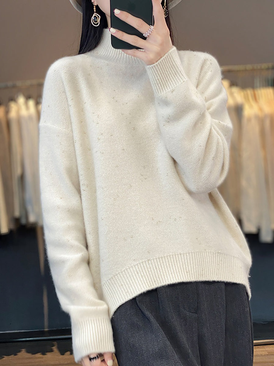 Women Autumn Knit 100%Wool Half-Turtleneck Sweater WU009 BK
