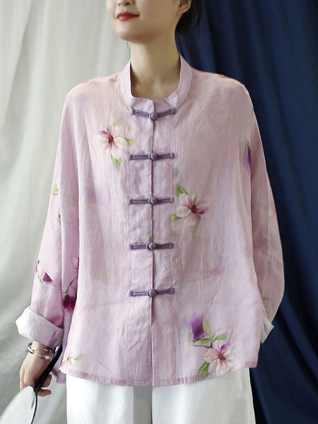 Plus Size Women Vintage Flower Pink Spring Ramie Shirt Coat PP1051 JSHY
