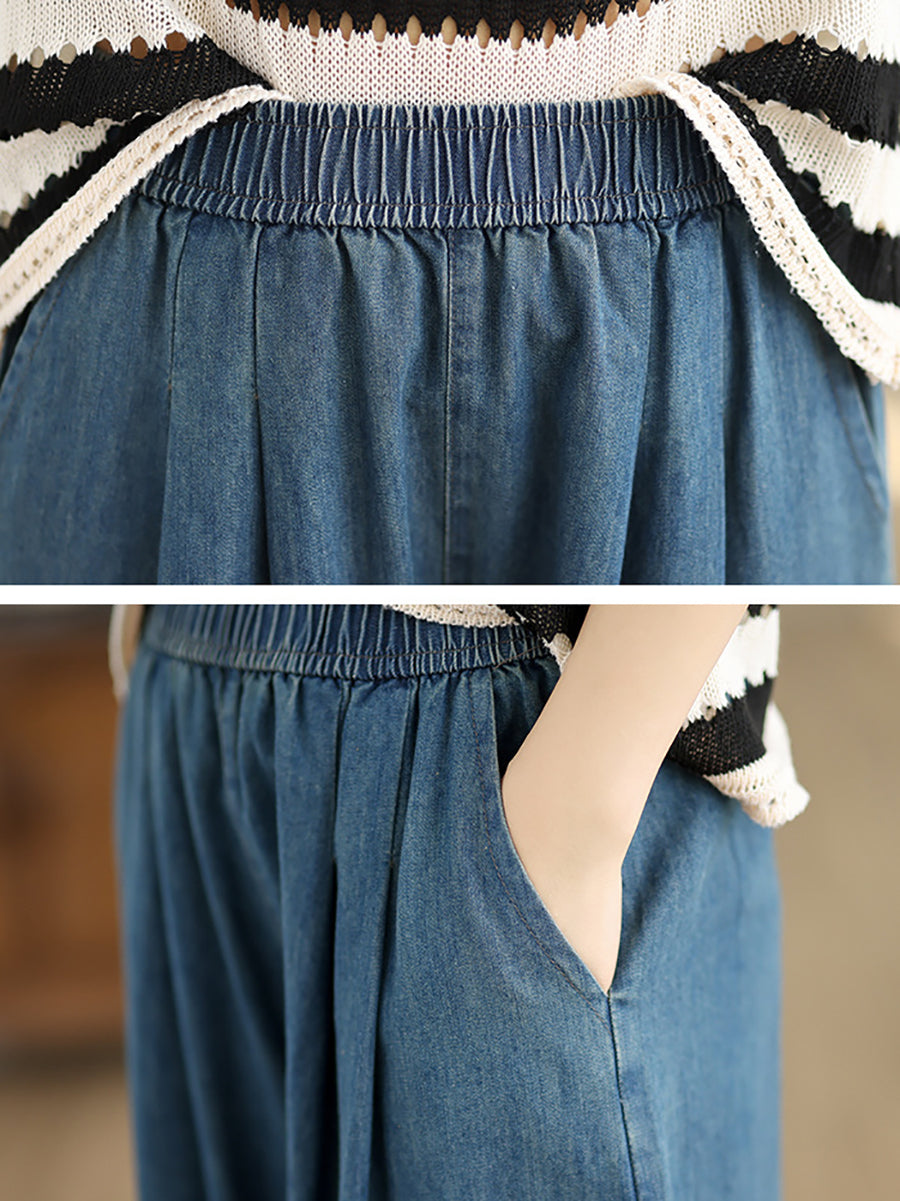 Women Summer Vintage Solid Denim Loose Harem Pants OP1007 BUYKUD