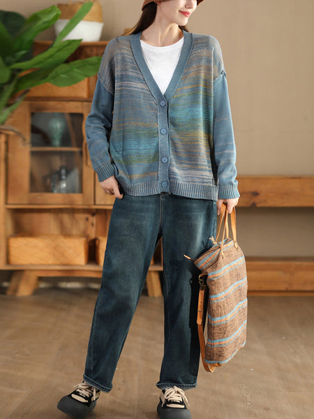 Women Autumn Artsy Colorful Knit V-Neck Cardigan Sweater AI1077 BUYKUD