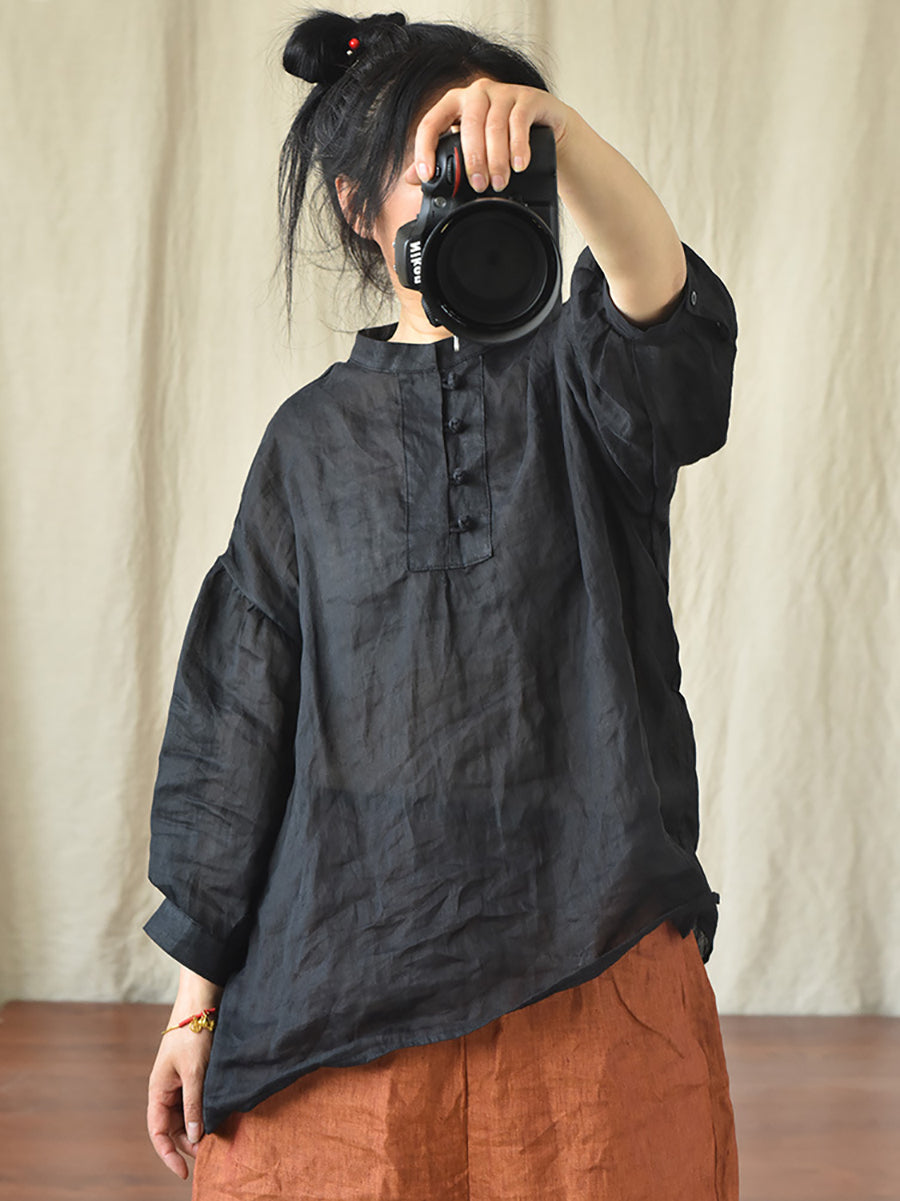 Women Vintage Solid 100%Ramie Summer Loose Shirt AS1047 QYMM