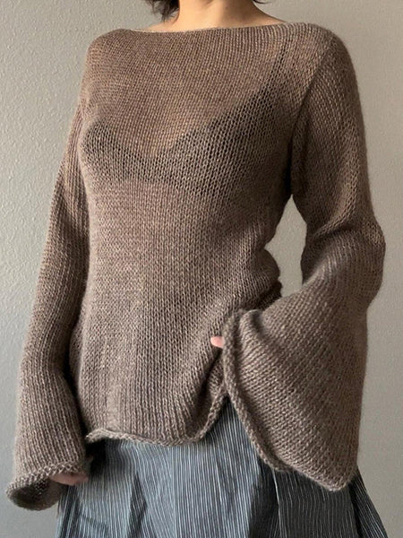 Vintage Brown Round-Neck Back Cross Hollow Lace-Up Long Bell Sleeve Sweater AN1039 Genistyle Shop