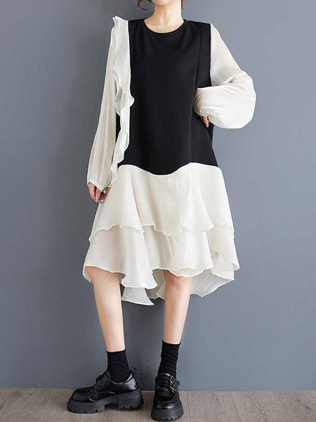 Chic Black Round-Neck Patchwork Contrast Color Ruffle Trim High-Low Long Sleeve Dress TW019 ABC