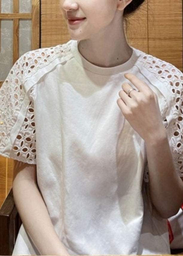 Chic White O-Neck Hollow Out T Shirt Short Sleeve TT1040 shopify