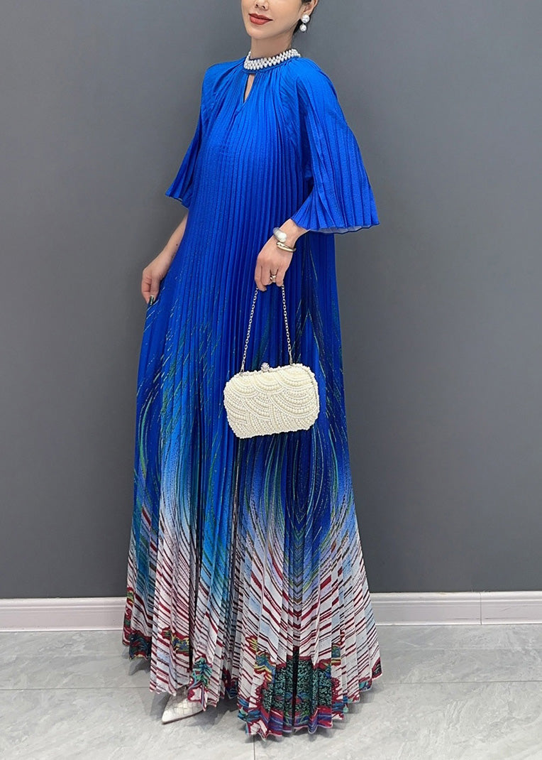 Unique Blue Stand Collar Print Wrinkled Long Dress Summer AO1002 JDML-SDL240909