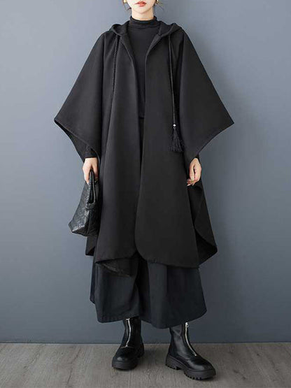 Stylish Black Hooded Drawstring Tasseled Pockets Zip-up Batwing Sleeve Trench Coat TW007 ABC