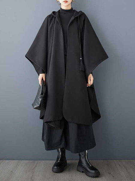 Stylish Black Hooded Drawstring Tasseled Pockets Zip-up Batwing Sleeve Trench Coat TW007 ABC