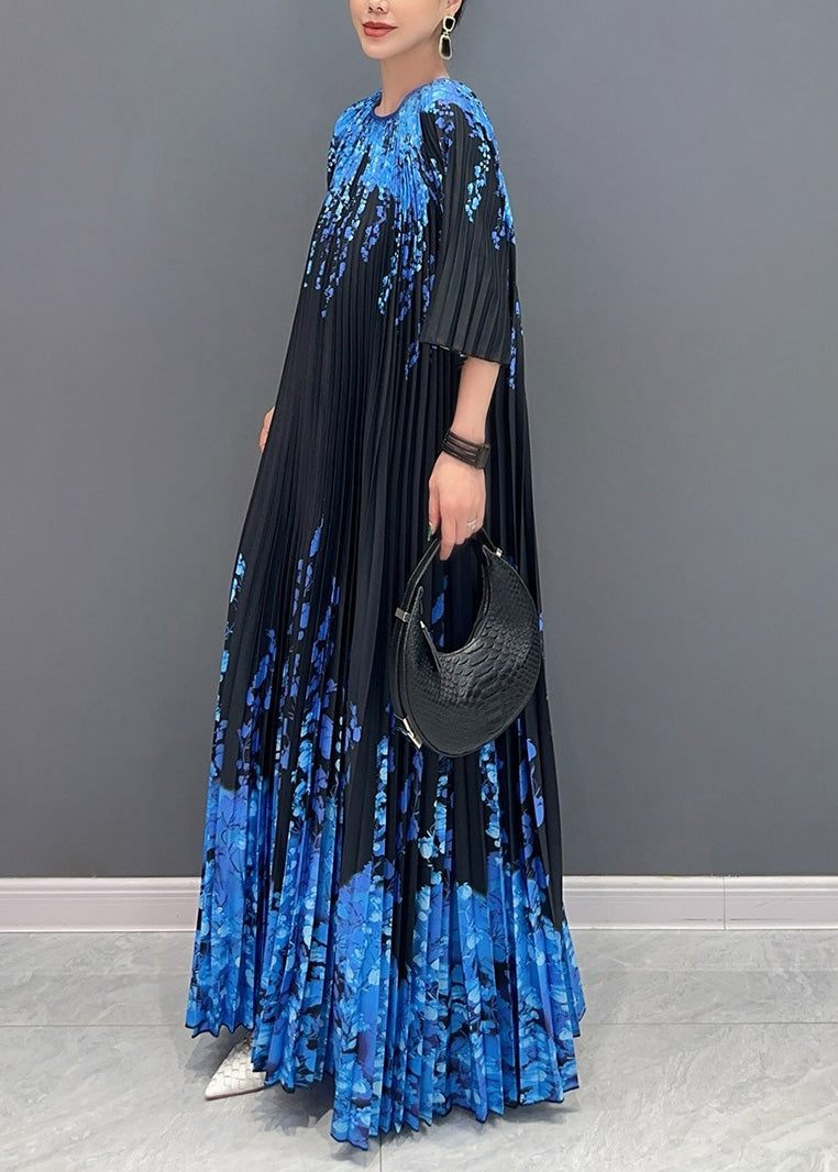 Fine Black O Neck Print Pleated Long Dresses Summer AO1006 JDML-SDL240909