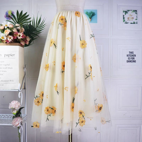 Fairy Beige High Waist Sunflower Embroidered Tulle Skirt NN009 Genistyle Shop
