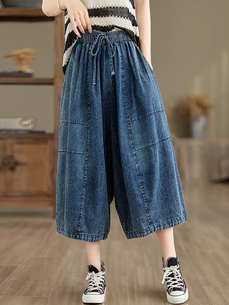 Women Summer Casual Solid Denim Spliced Wide-leg Pants PP1002 BUYKUD