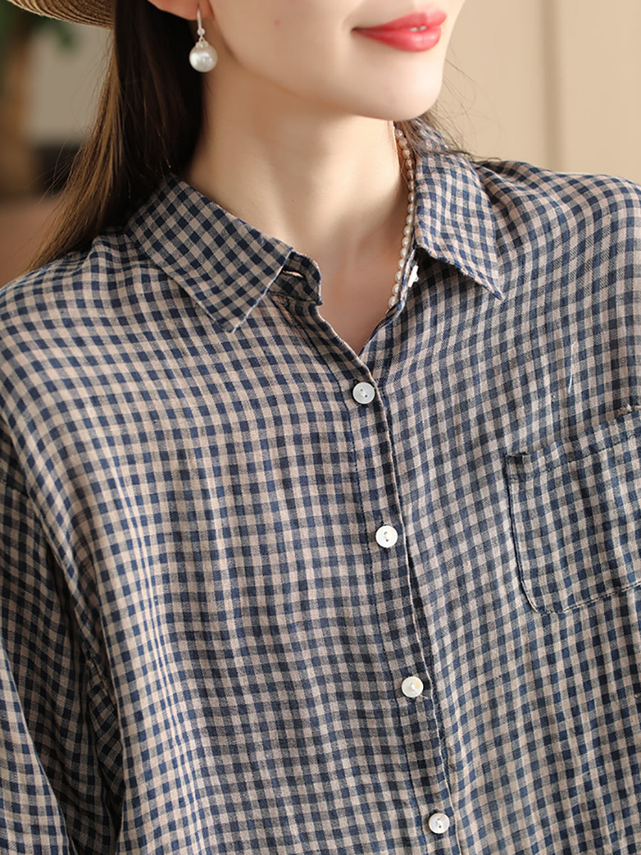 Women Summer Vintage Plaid Button-Up Linen Shirt PP1034 BUYKUD