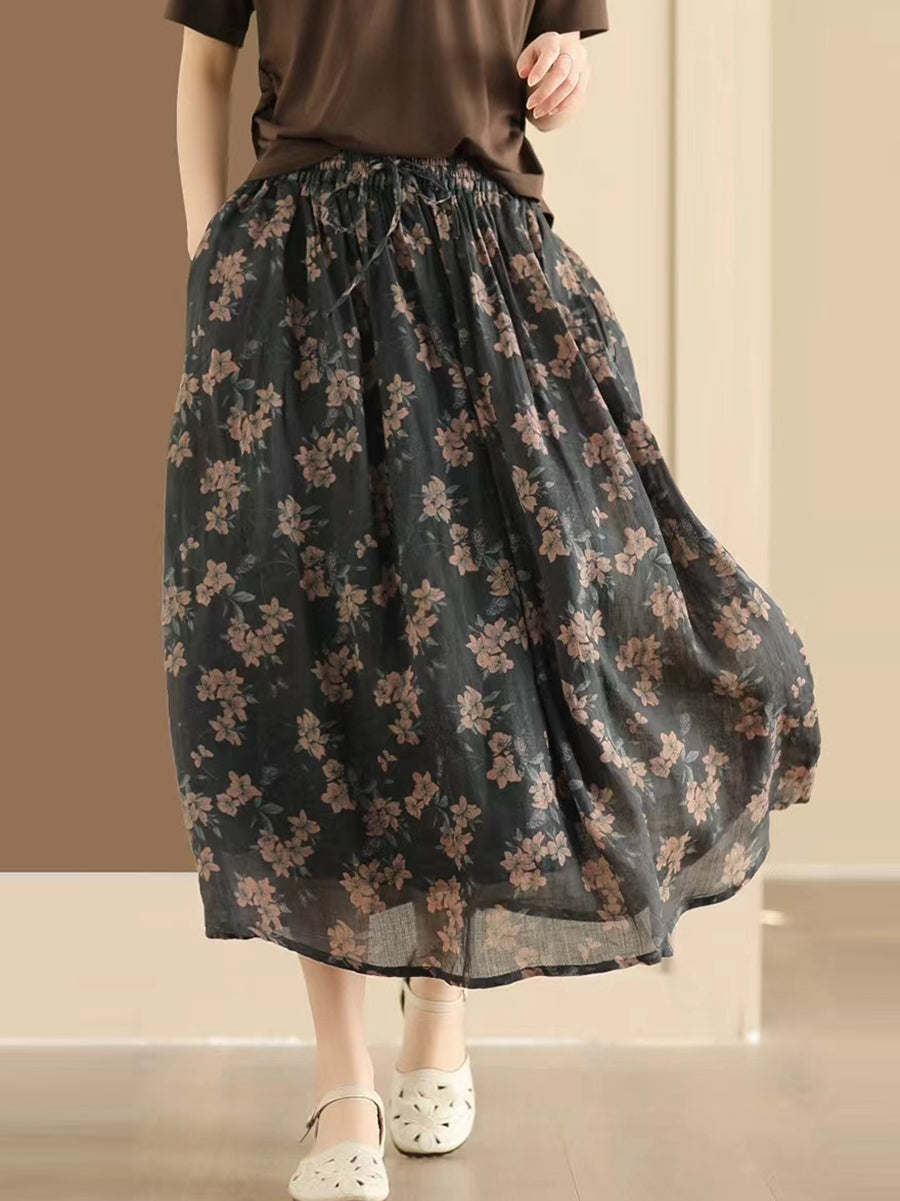 Women Vintage Summer Flower Ramie Loose Skirt QW1006 Ada Fashion