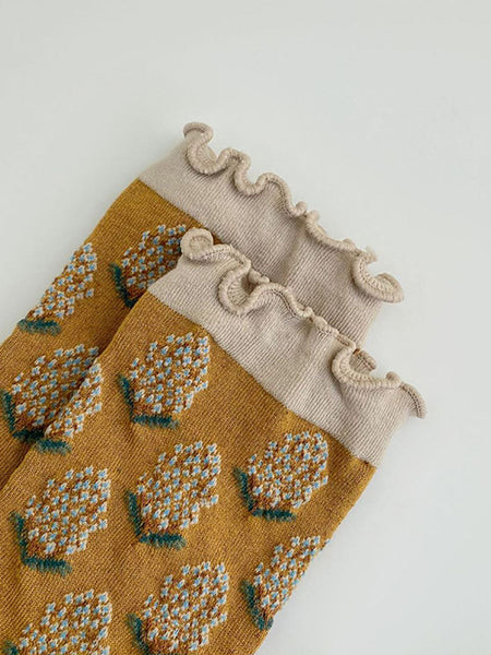 5 Pairs Women Artsy Foral Embroidery Colorblock Cotton Socks AV1043 Genistyle Shop