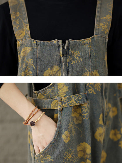 Women Autumn Retro Flower Zipper Denim Jumpsuits AX1002 Genistyle Shop