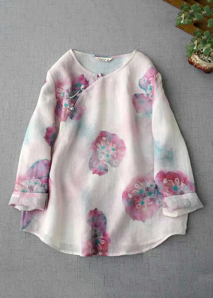 Grace Pink O Neck Print Chinese Button Linen Blouse Top Fall QB031 GSK-241025