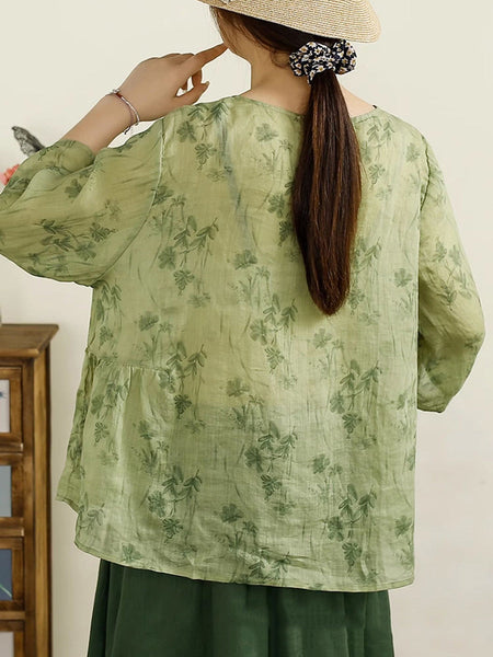 Women Summer Artsy Floral Button Spliced O-Neck Ramie Shirt HH003 BUYKUD