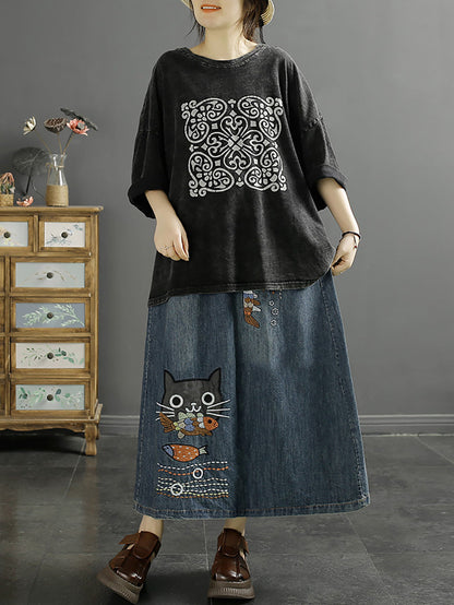 Women Summer Casual Cat Fish Embroidery Denim Skirt KL1008 Ada Fashion