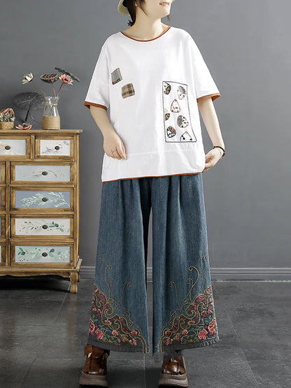 Women Vintage Summer Embroidery Wide-leg Denim Pants KL1007 Ada Fashion