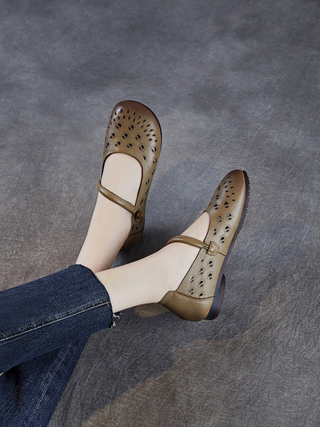 Genuine Shoes Women Summer Hollow Out Heel Low Leather FashionChic