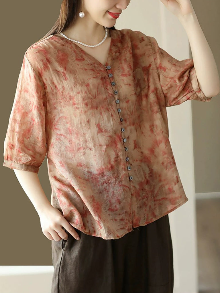 Women Vintage Floral Summer Button-Up Ramie Shirt XX1042 Ada Fashion