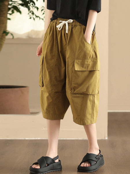 Women Summer Casual Solid Pocket Loose Cotton Fifth Pants FD022 ZMMM