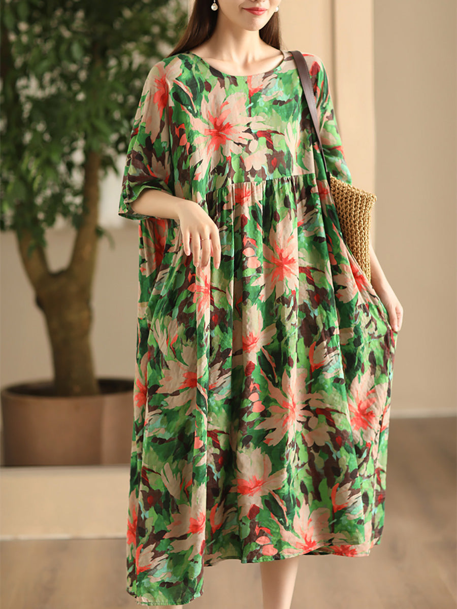 Women Summer Vintage Flower Linen Loose Dress FD043 QJH