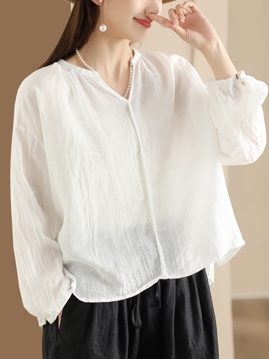 Women Spring Solid Vintage Ramie V-neck Blouse CO1013 Ada Fashion