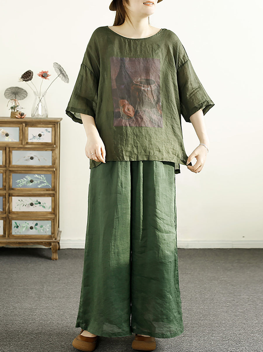 Women Summer Casual Print Loose Ramie Shirt OP1043 OSZF