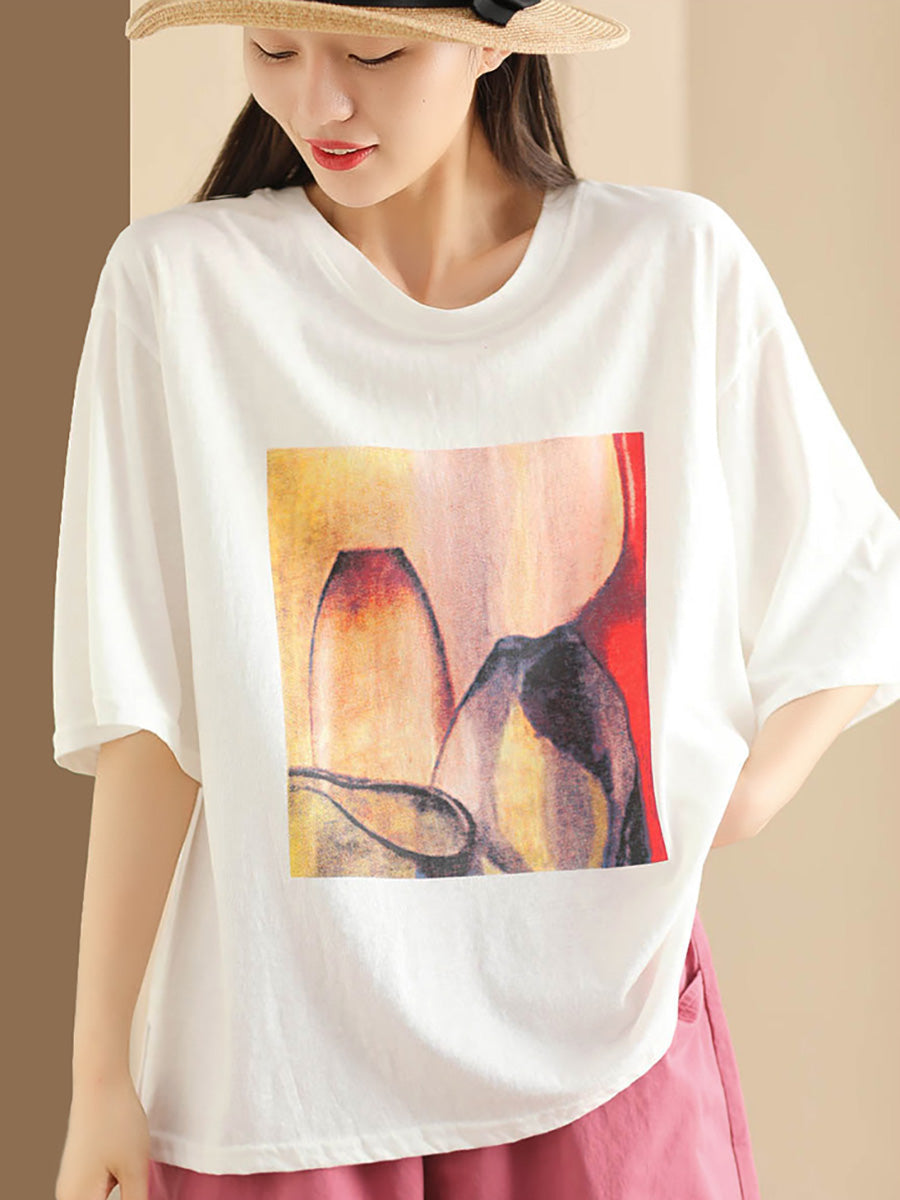 Women Summer Casual Print O-Neck Loose Shirt HH042 LPP