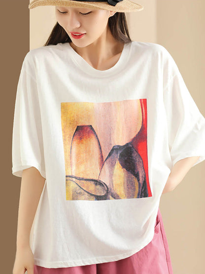 Women Summer Casual Print O-Neck Loose Shirt HH042 LPP