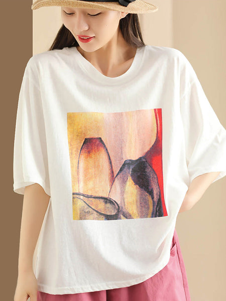 Women Summer Casual Print O-Neck Loose Shirt HH042 LPP