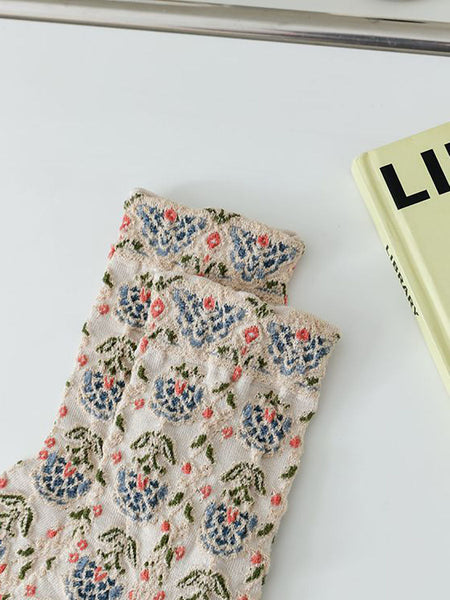 5 Pairs Women Artsy Flower Jacquard Socks AX1028 Genistyle Shop