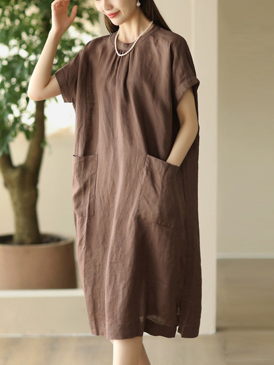 Women Summer Casual Solid Pocket O-Neck Linen Dress FD051 ZMMM