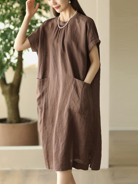Women Summer Casual Solid Pocket O-Neck Linen Dress FD051 ZMMM