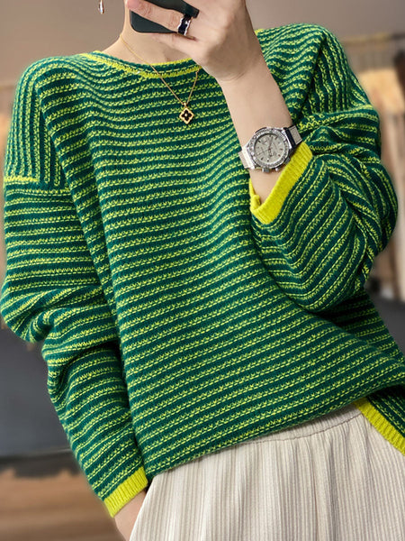 Women Autumn Casual Stripe O-Neck Wool Knit Sweater AT1012 BUYKUD