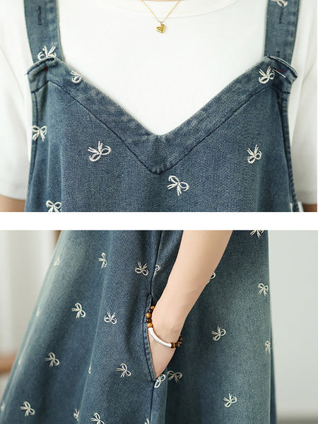 Dress Overall Denim Bowknot Women Summer Embroidery FashionChic