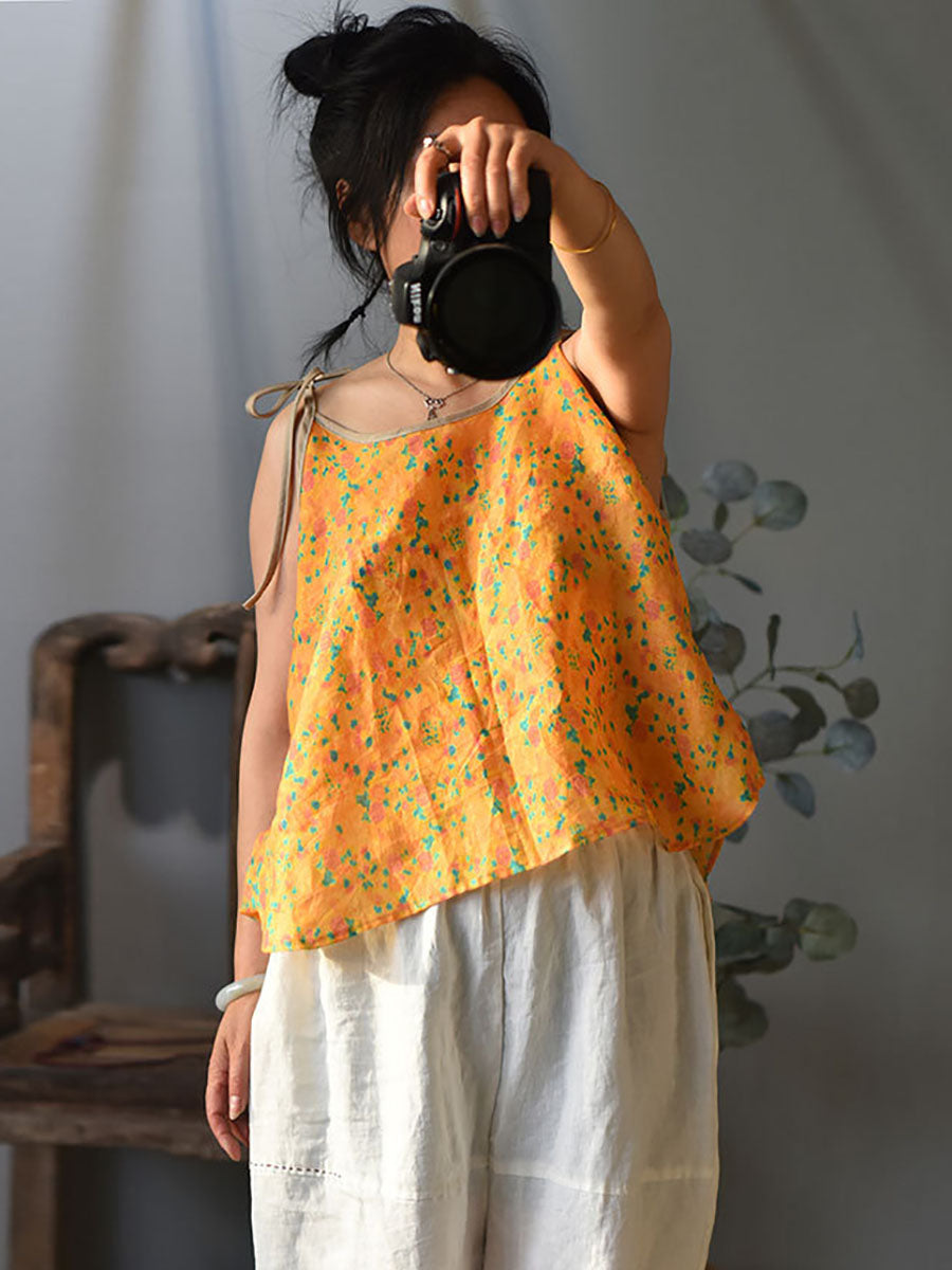 Women Prairie Chic Floral Drawstring Ramie Vest HH001 QYMM