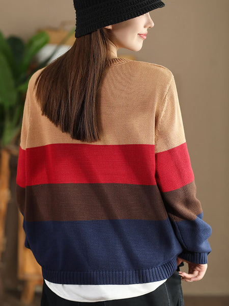 Women Autumn Colorblock V-Neck Knit Sweater AS1012 BUYKUD