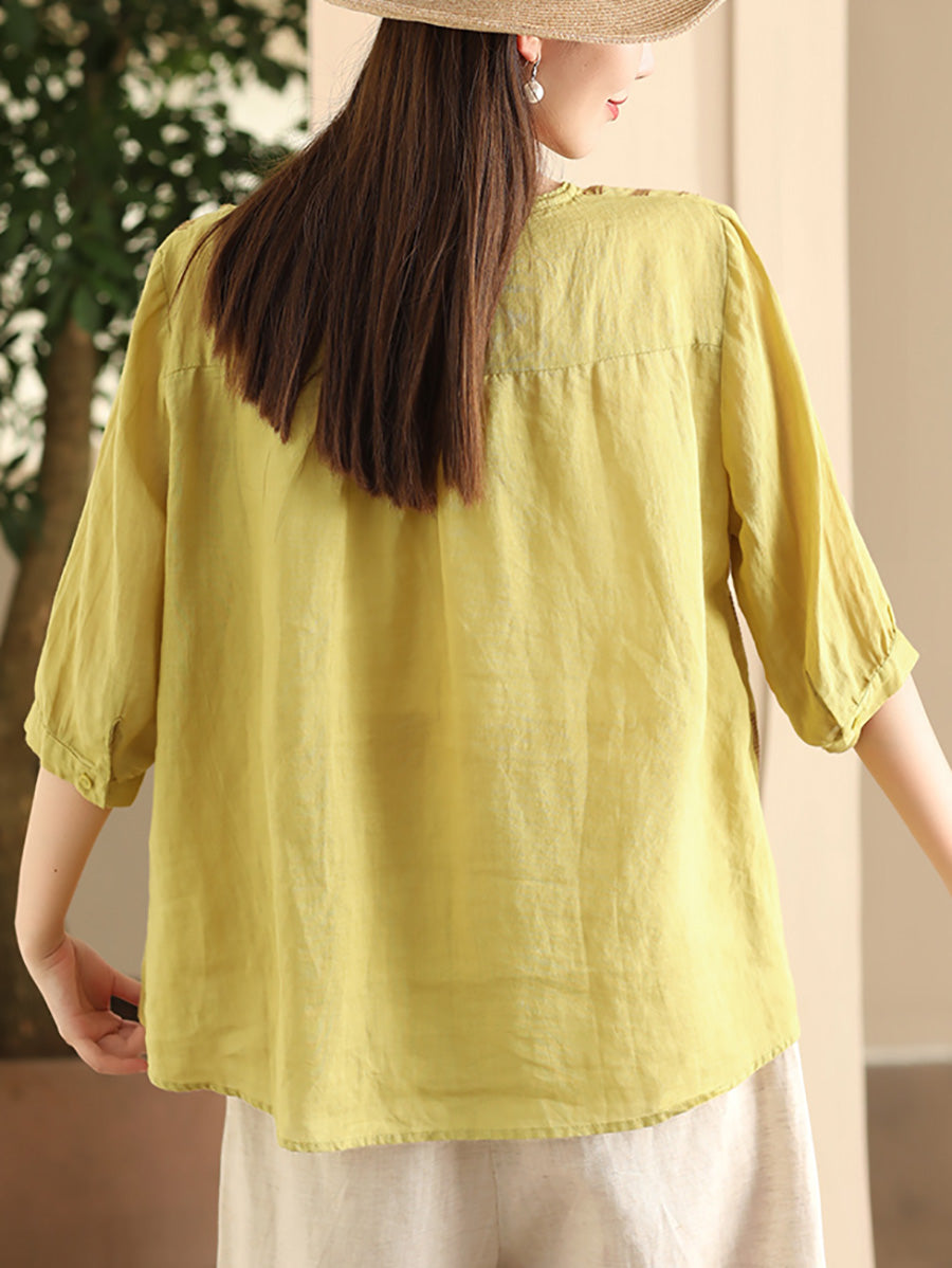 Women Summer Artsy Embroidery V-Neck Ramie Shirt FD005 ZMMM