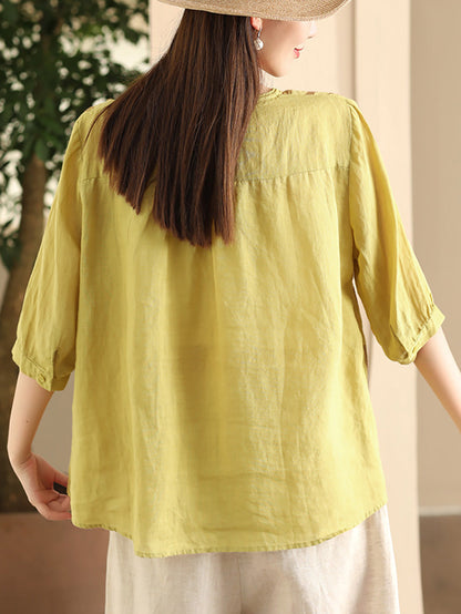 Women Summer Artsy Embroidery V-Neck Ramie Shirt FD005 ZMMM