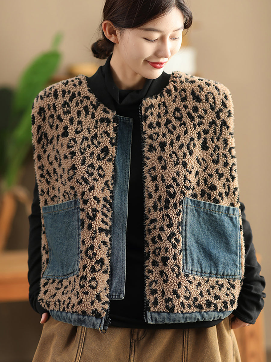 Women Autumn Retro Leopard O-Neck Dual-side Wearing Vest QN008 BUYKUD